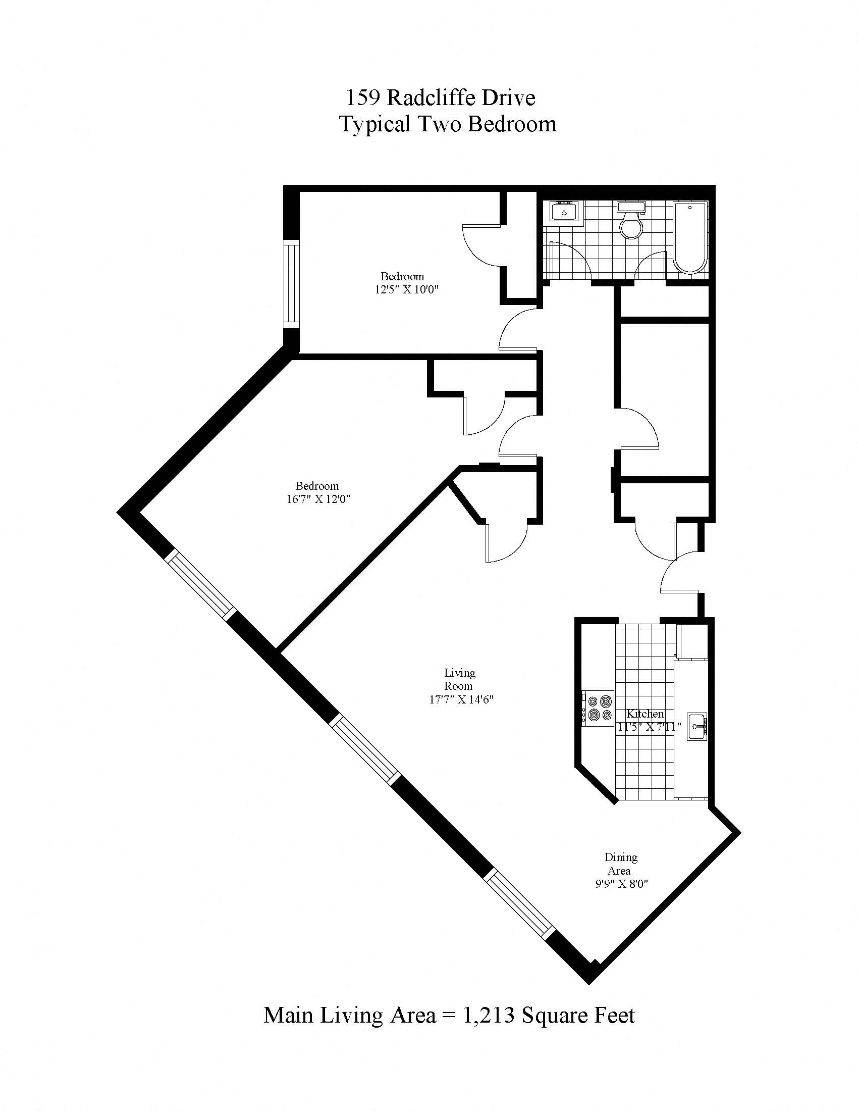 Floor plan for 2 beds, 1 bath, 1049 sqft